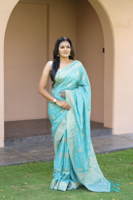 ROOP LAVANYA Woven Banarasi Jacquard, Cotton Linen Saree(Light Blue)
