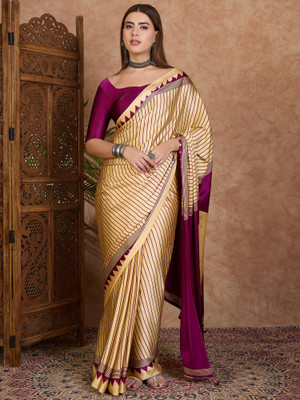 HouseOfCommon Striped, Digital Print Bollywood Silk Blend Saree(Cream, Purple)