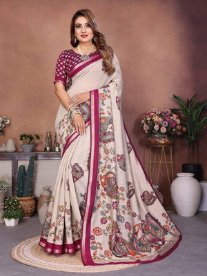 Sarly Printed Bollywood Cotton Blend Saree(Cream)