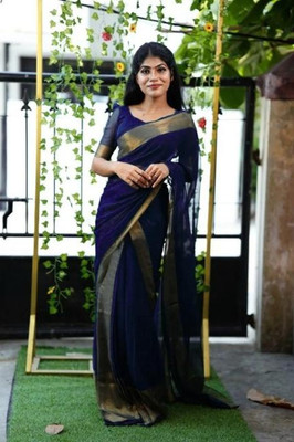 HINDVA FASHION HUB Solid/Plain Kanjivaram Chiffon Saree(Blue)