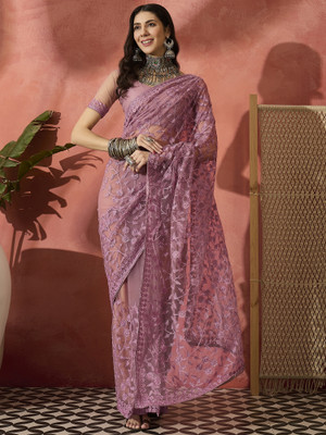 Sangria Embroidered Saree with Attached Blouse Net Saree(Purple)