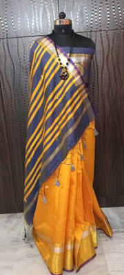Drapedivine Solid/Plain Handloom Silk Blend Saree(Mustard)