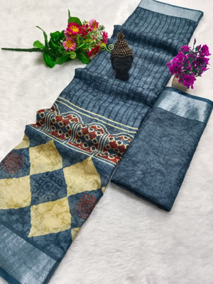 PRTRENDZ Printed Kanjivaram Linen, Cotton Linen Saree(Dark Blue)