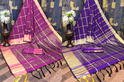 KHODIYAR TRENDZ Checkered, Woven Daily Wear Cotton Silk Saree(Pack of 2, Magenta, Purple)