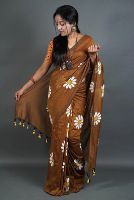 cloud vastra Printed Handloom Pure Cotton Saree(Brown)