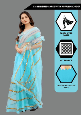 Yashvi Designer Embellished Bollywood Net Saree(Blue)