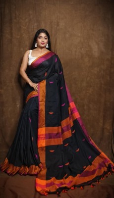 DHRITI Woven Handloom Pure Cotton Saree(Black)