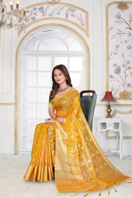 Aarunika fashion Printed Bollywood Organza Saree(Yellow)