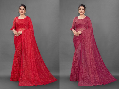 Paanthcreation Self Design Bollywood Net Saree(Pack of 2, Red, Maroon)