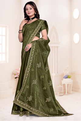 MIYANIFAB Embroidered Bollywood Jimmy choo Saree(Light Green)