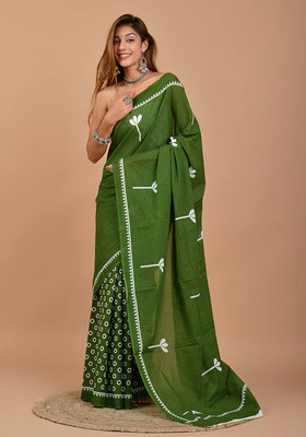 Sanganeri Print Blocked Printed, Color Block, Floral Print, Printed, Dyed Daily Wear Pure Cotton Saree(Green)