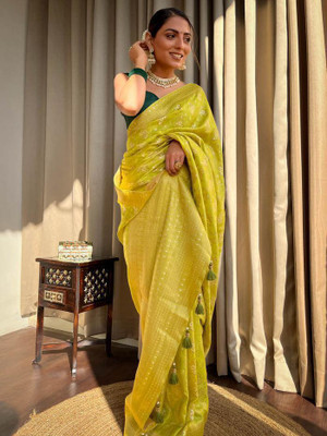 Zivastra Embroidered, Printed Banarasi Organza, Georgette Saree(Yellow, White, Black)