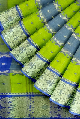 PRANATI ENTERPRISE Printed Tant Cotton Blend Saree(Dark Green, Blue)