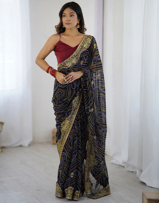 Samah Printed, Embroidered, Embellished Bandhani Georgette Saree(Dark Blue)