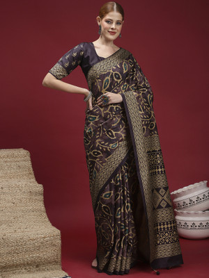 Sareemall Printed Hand Batik Silk Blend Saree(Brown)