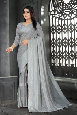Riddhi textile Hub Striped Bollywood Georgette Saree(Grey)