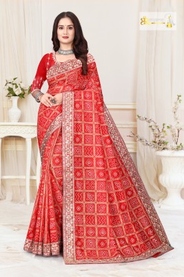 RAIYARAJ ETHNIC ELEGANCE Blocked Printed Bandhani Polyester Saree(Red)