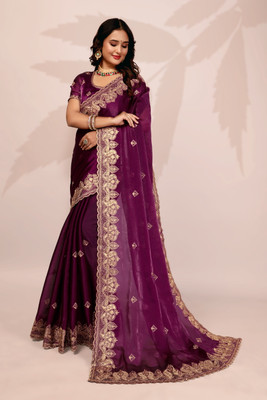Privasaree Embroidered Bollywood Jimmy choo Saree(Purple)