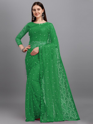LOROFY Self Design Bollywood Net Saree(Green)