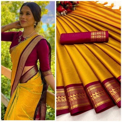 MY LOFY Woven Banarasi Cotton Silk Saree(Mustard)