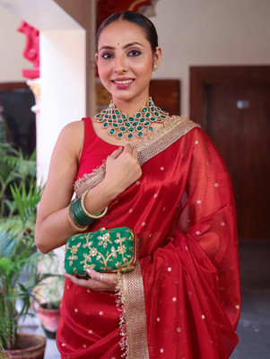 RB Fashion Woven, Polka Print Banarasi Tissue Saree(Red)