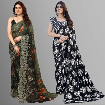 kashvi sarees Floral Print Daily Wear Georgette Saree(Pack of 2, Dark Green, Black)