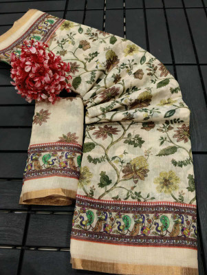 AARAANA Woven, Self Design, Geometric Print Kanjivaram Linen Saree(Cream)