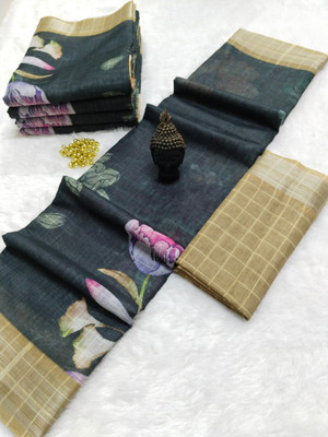 HouseOfCommon Floral Print Kanjivaram Linen, Cotton Linen Saree(Black)