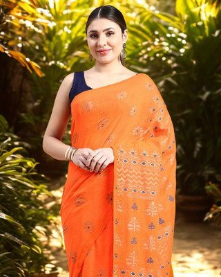 Desh Bidesh Printed Handloom Cotton Blend, Pure Cotton Saree(Orange)