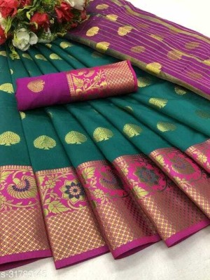 Grubstaker Woven Banarasi Cotton Silk Saree(Green)
