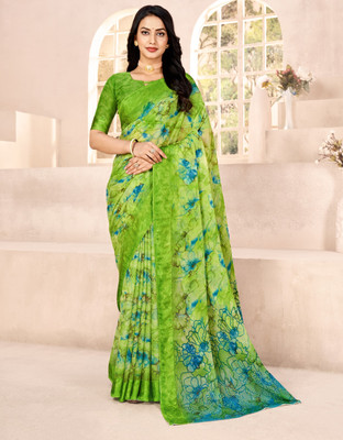 Pandadi Saree Floral Print Daily Wear Chiffon Saree(Light Green)