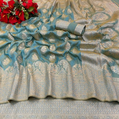 KanjiQueen Woven, Self Design Banarasi Silk Blend, Pure Silk Saree(Light Blue)