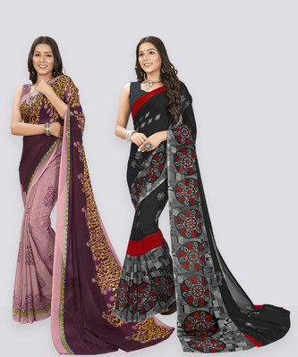 Anand Sarees Printed Daily Wear Georgette Saree(Pack of 2, Multicolor, Purple, Beige)