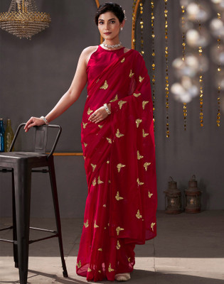 Satrani Embellished, Embroidered Bollywood Georgette Saree(Red)