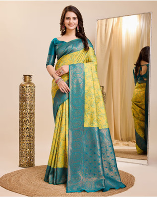 VASTUKALA Woven Kanjivaram Pure Silk, Art Silk Saree(Yellow, Blue)