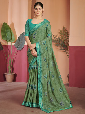 Sangria Printed Bollywood Chiffon Saree(Green)