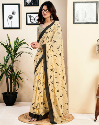 Satrani Floral Print, Geometric Print, Printed Daily Wear Pure Cotton Saree(Cream, Black)