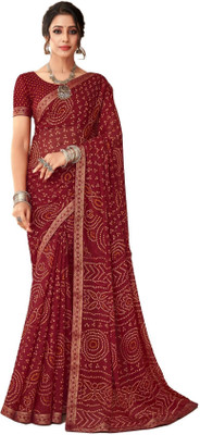 INDONIQ Graphic Print, Printed Bandhani Chiffon, Georgette Saree(Maroon)