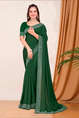 riyanshi fashion Self Design, Solid/Plain, Embellished Bollywood Pure Silk Saree(Green)