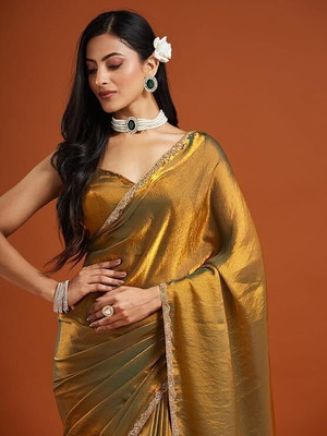 ANJAVI FASHION Embellished Bollywood Silk Blend Saree(Gold)
