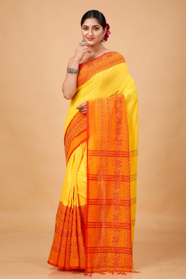 ADbutiq Printed Bollywood Handloom Cotton Blend Saree(Yellow, Orange)