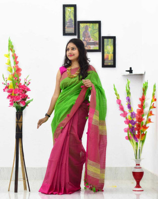 Fulia taant saree Solid/Plain Handloom Cotton Silk Saree(Green, Pink)