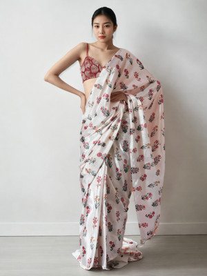 LeeliPeeri Designer Floral Print Bollywood Silk Blend Saree(Pack of 2, White)