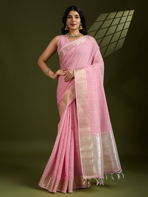 PeachPetals Printed Banarasi Cotton Silk Saree(Pink)