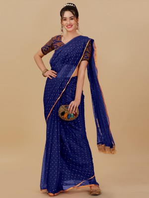 Aadishakti Fashion Polka Print Bhagalpuri Chiffon Saree(Dark Blue)