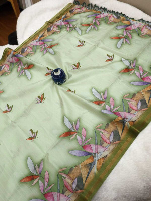 WILLMAKE Printed, Applique, Embellished, Floral Print, Woven Bollywood Cotton Linen Saree(Light Green)
