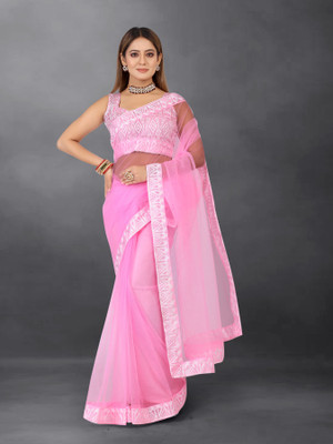 Barkiya Creation Embroidered Bollywood Net Saree(Pink)