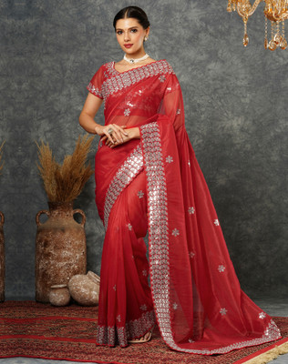 SIRIL Embellished, Embroidered, Dyed Bollywood Net Saree(Red, Silver)