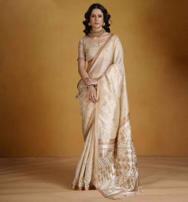 erika Woven, Geometric Print Bollywood Cotton Silk Saree(White)