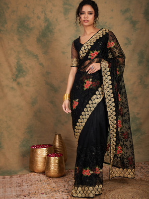 manvaa Embroidered Bollywood Net Saree(Black)
